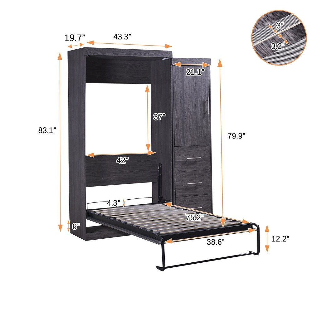 Murphy Bed with Wardrobe and 3 Storage Drawers  Pine Wood Multifunctional Storage Wall Bed  Can be Folded into A Cabinet