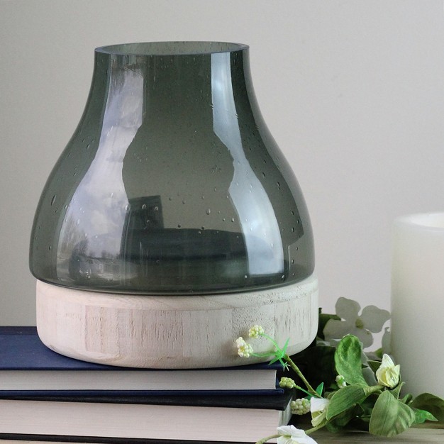 Storm Gray Bubble Glass Pillar Candle Holder With Wooden Base