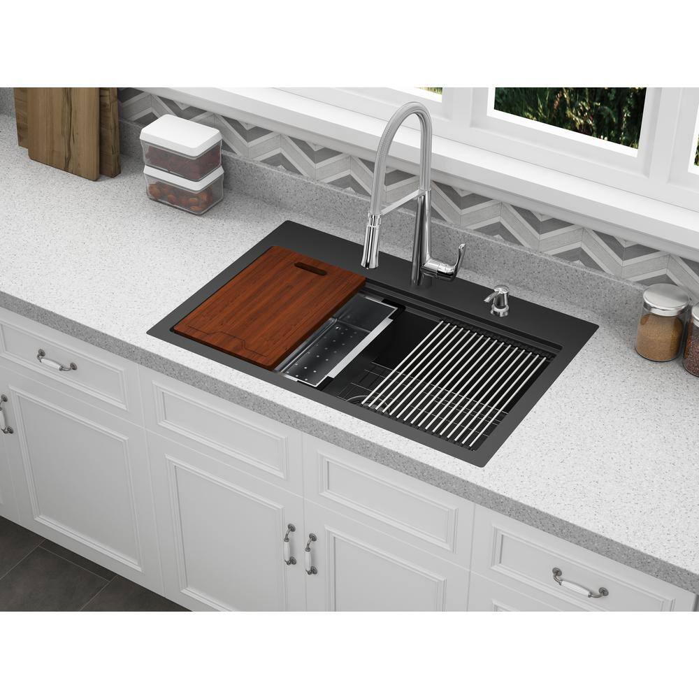 CMI Dual Mount Rustin Granite Workstation 33 in. 1-Hole Single Bowl Kitchen Sink in Black 132-6984