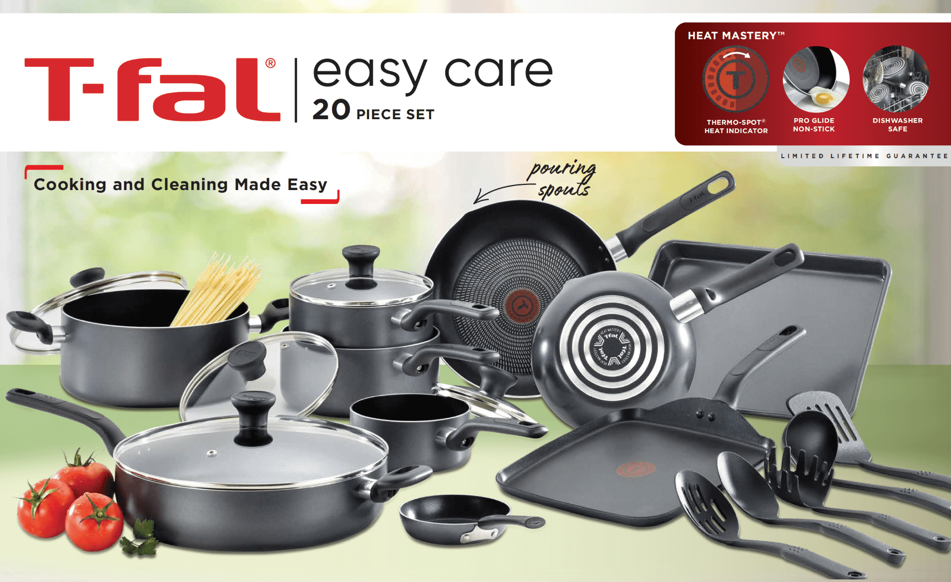 T-fal Easy Care Nonstick Cookware， 20 Piece Set， Grey， Dishwasher Safe