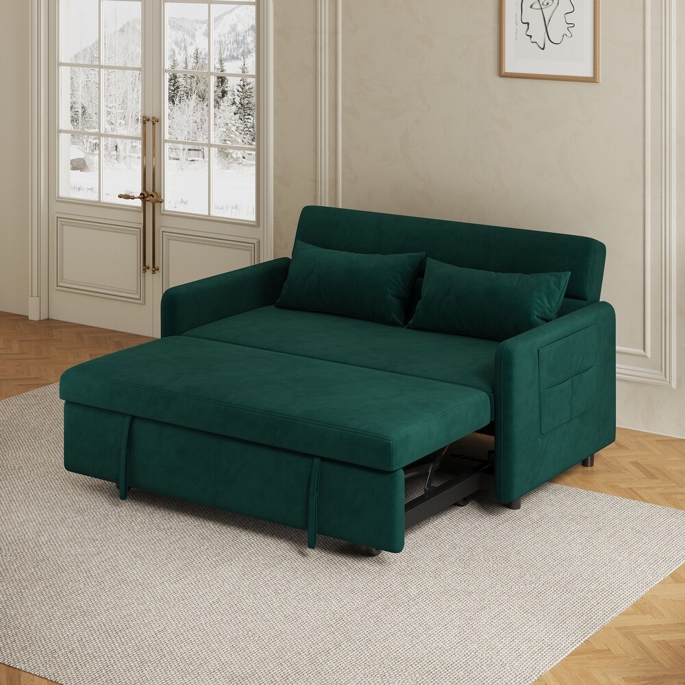 Modern Sleeper Loveseat with Pull out Sofa Bed  Pillows for Living Room  Velvet Folding Loveseat Recliner Bed with Pocket  Green