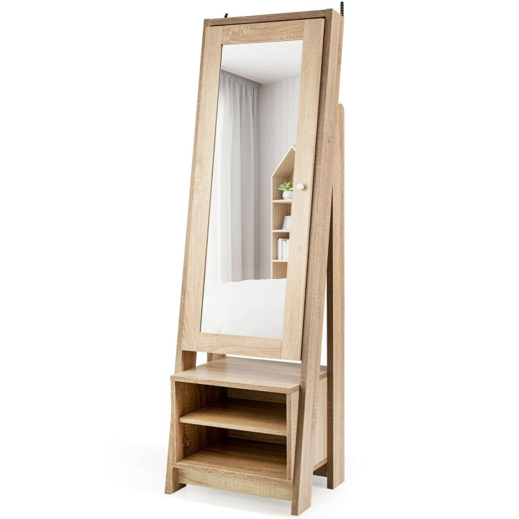 2-in-1 Freestanding Jewelry Mirror Cabinet Wooden Cosmetics Storage Cabinet with Full-Length Mirror and Bottom Storage Rack