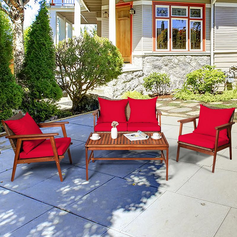 4 Piece  Acacia Wood Patio Rattan Furniture Set