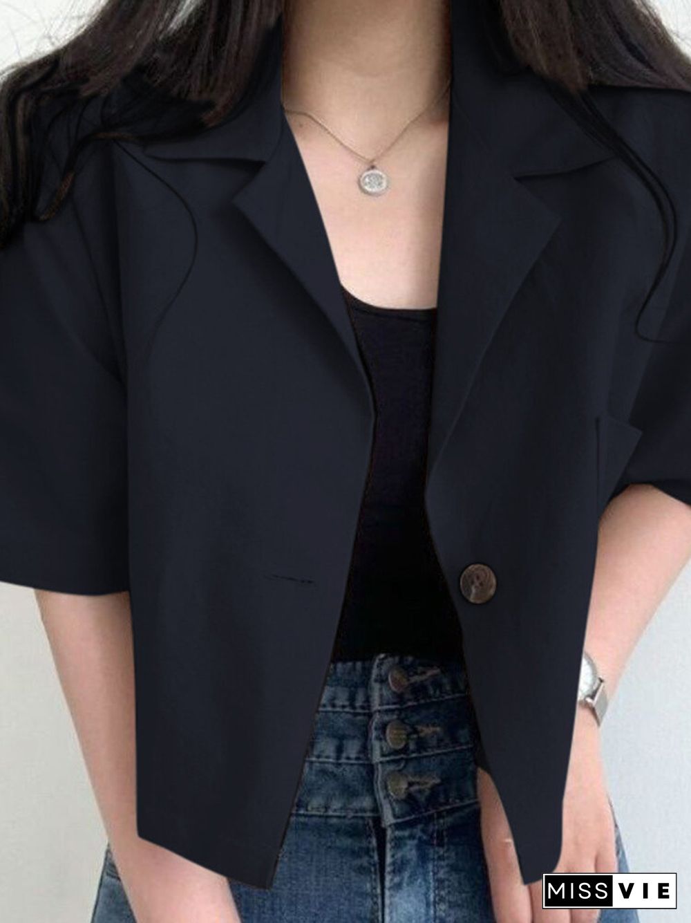 Solid Button Front Pocket Lapel Half Sleeve Casual Blazer