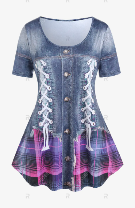 Plaid 3D Lace Up Denim Print T-shirt and Plaid 3D Denim Leggings Plus Size Outfit