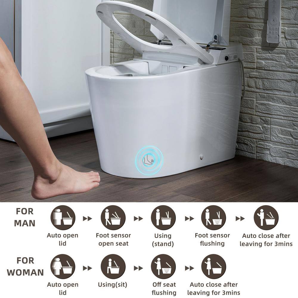 WOODBRIDGE Intelligent 1.0 GPF 1.6 GPF Elongated Toilet in White with Foot Sensor Function Auto Open and Auto Close HT0070