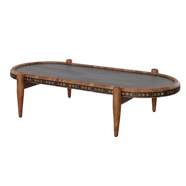 50， 39 Inch 2 Piece Oval Acacia Wood and Metal Nesting Coffee Table Set， Brown and Black