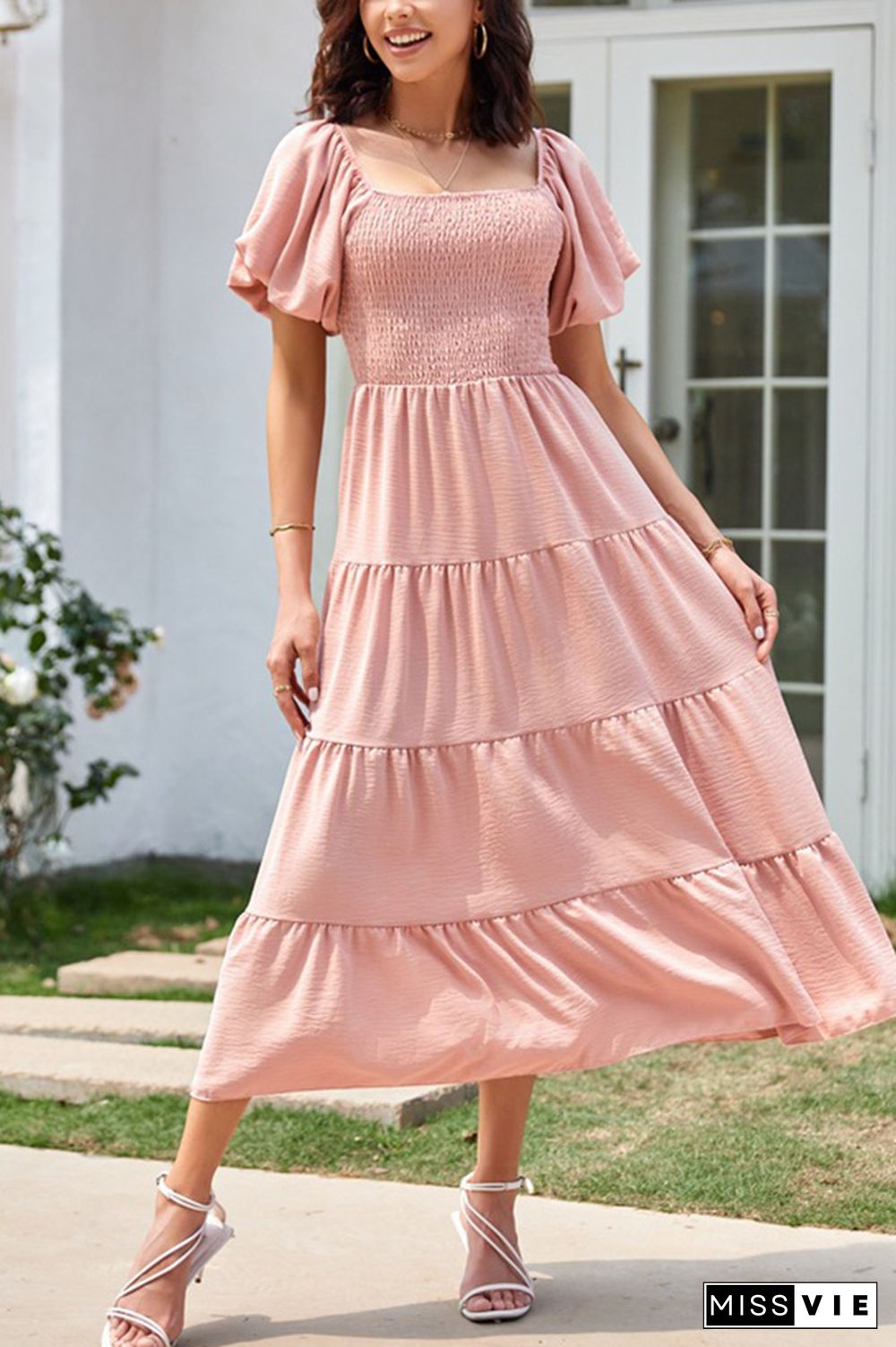 Square Neck Puff Sleeves Tiered Long Dress