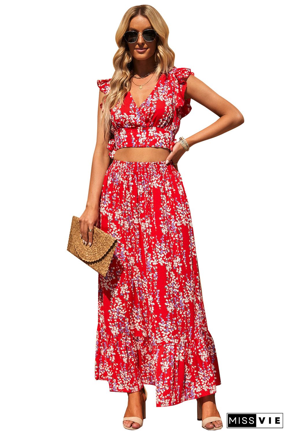 Red Multicolor Floral Ruffled Crop Top and Maxi Skirt Set