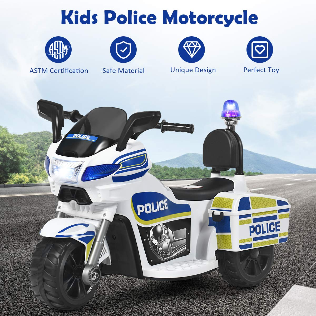 Costzon Kids Ride on Police Motorcycle, 6V Battery Powered Motorcycle Trike w/Horn