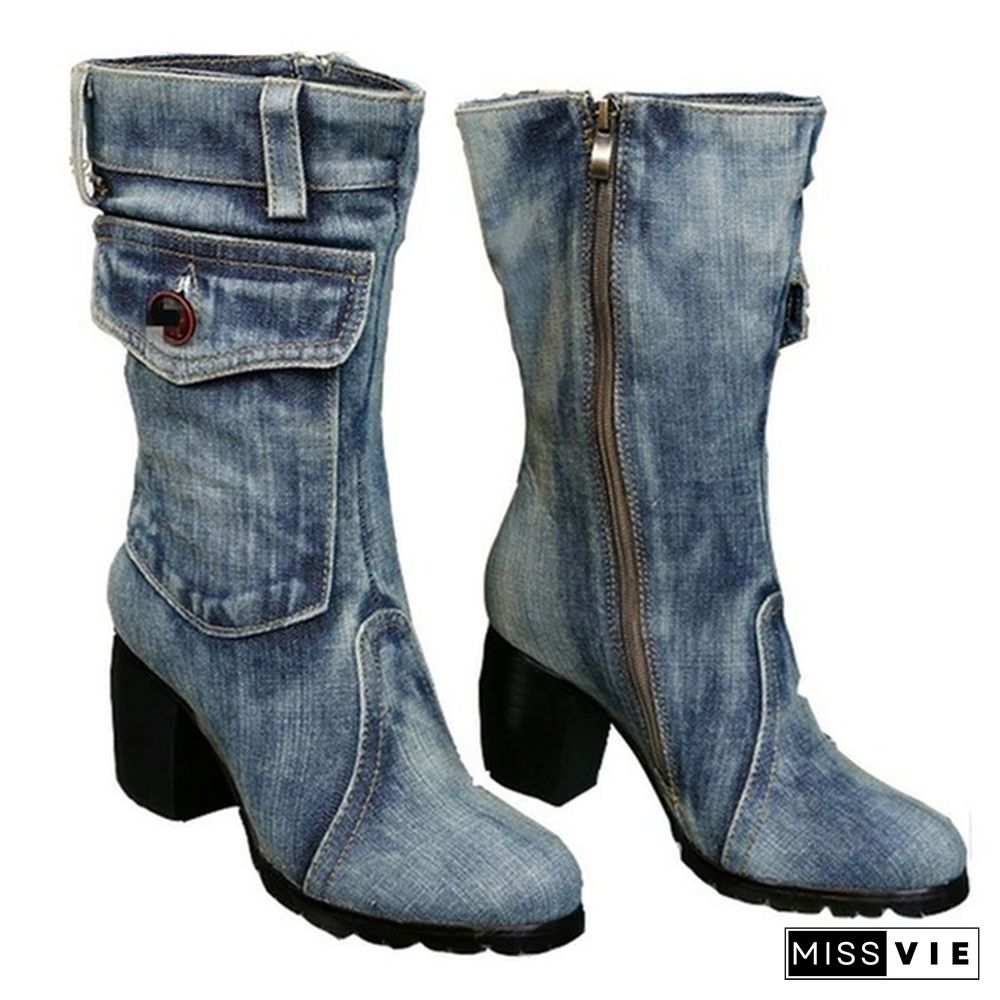 New Fashion Women's Denim Boots Chunky High Heel Mid Calf Boots Ladies Side Zipper Cowboy Boots