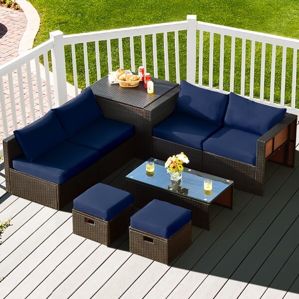 Gymax 8PCS Patio Rattan PE Wicker Conversation Set AllWeather