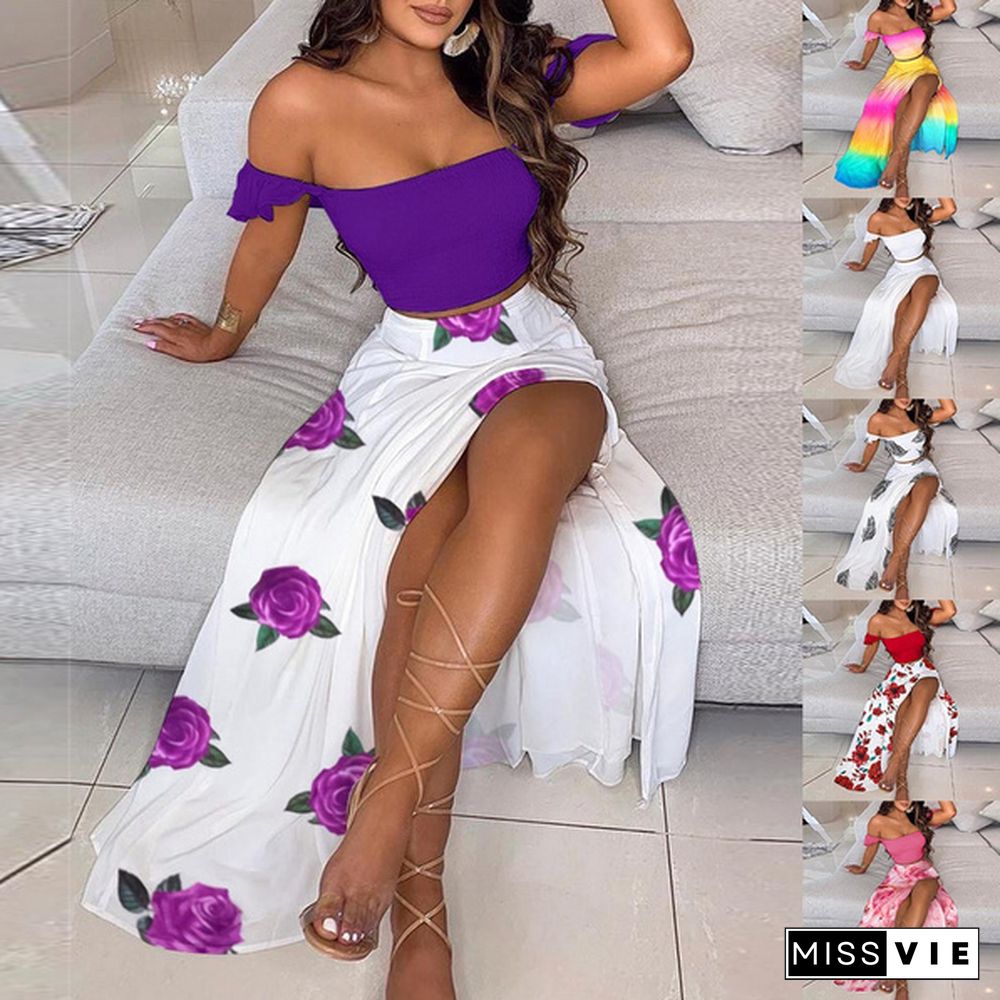 New Summer Women Dress Elegant Two Pieces Sets Offshoulder Flower Printed Skirt Split Party Dress Sexy Dress Set Suit Outfit Plus Size