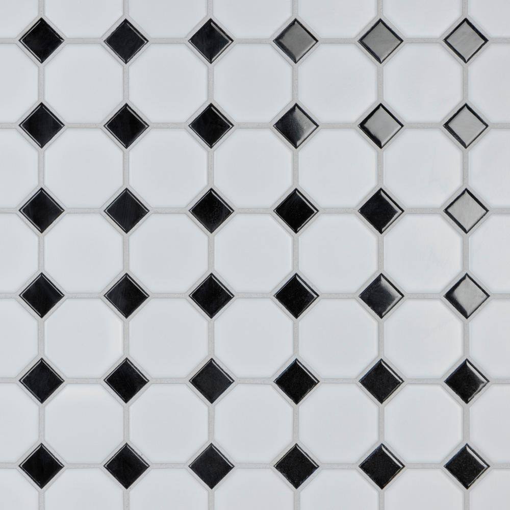 Merola Tile Metro Octagon Matte White wBlack Dot 11 12 in. x 11 12 in. Porcelain Mosaic  9.4 sq. ft. Case FXLM2OWD