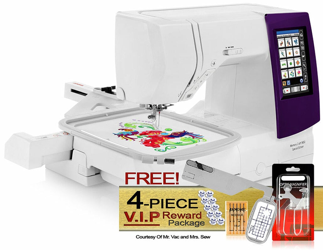 JAN Memory Craft 9850 Computerized Sewing And Embroidery Machine W/ FREE! 4-Piece V.I.P Reward Package And FREE! 2nd-Day Shipping