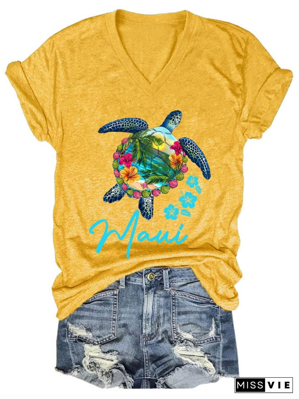 Women's Maui Sea Turtle Print Casual T-Shirt