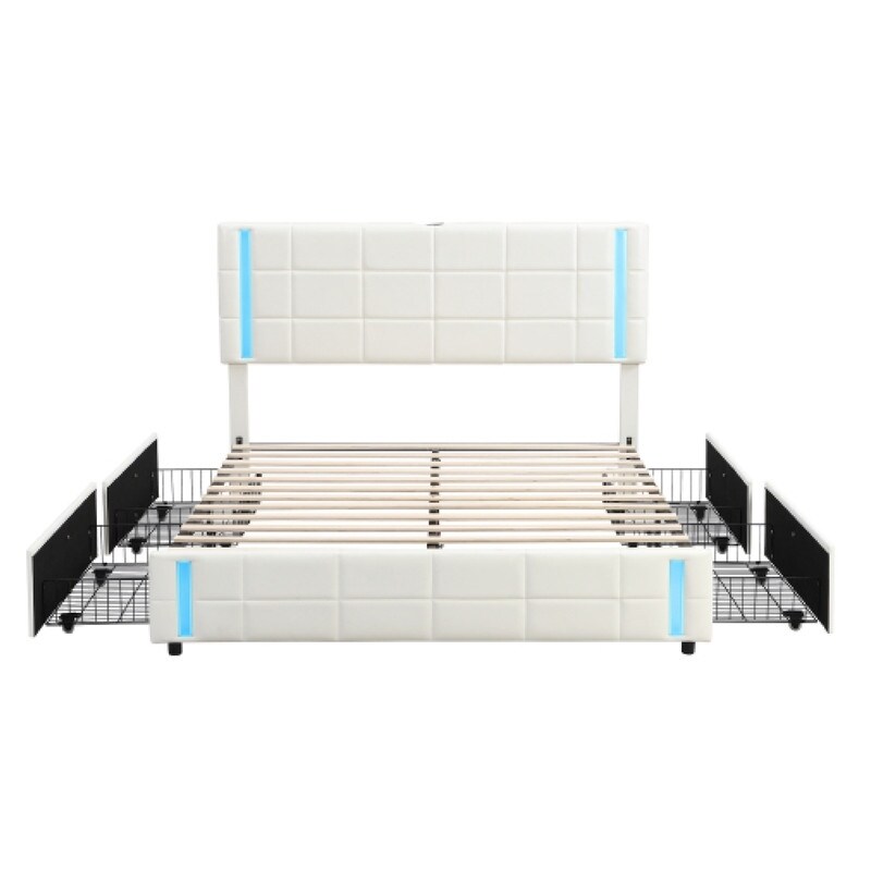 Queen Size storage bed White upholstered storage PU storage cabinet