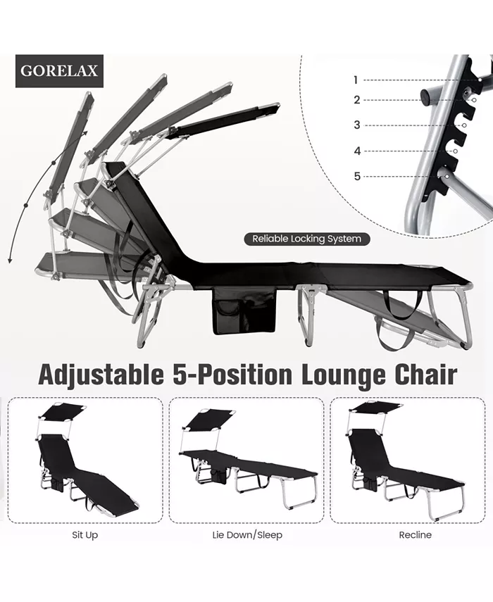 SUGIFT Black 5-Position Adjustable Outdoor Recliner Chair with Canopy Shade