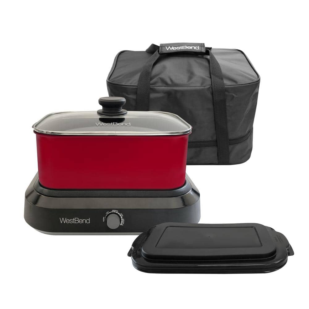 West Bend 5 qt. Red Non-Stick Versatility Slow Cooker with 5-Temperature Settings Includes Travel Lid and Thermal Tote 87905R