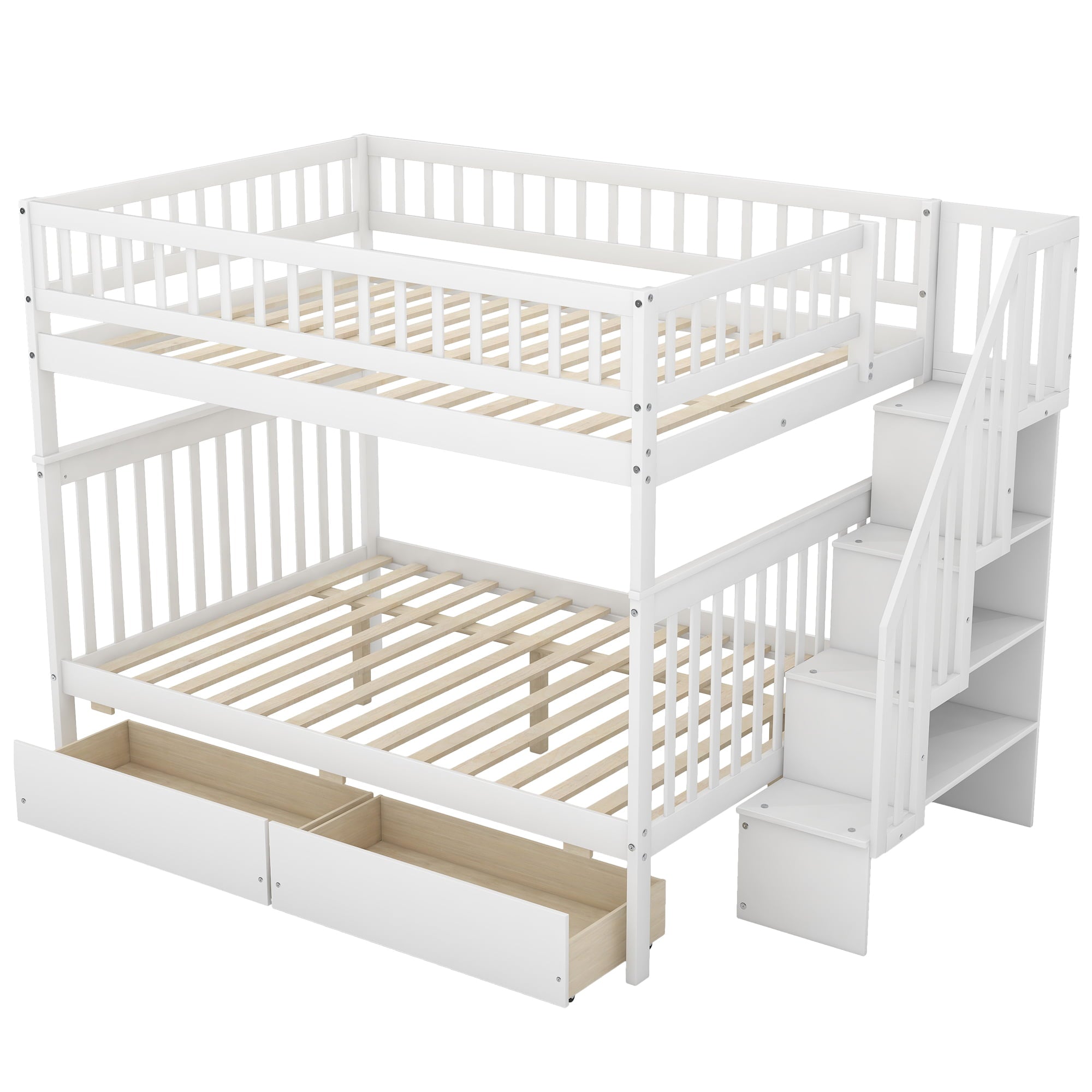 Euroco Full Over Full Bunk Bed with Storage Shelves and Drawers for Kid's Room