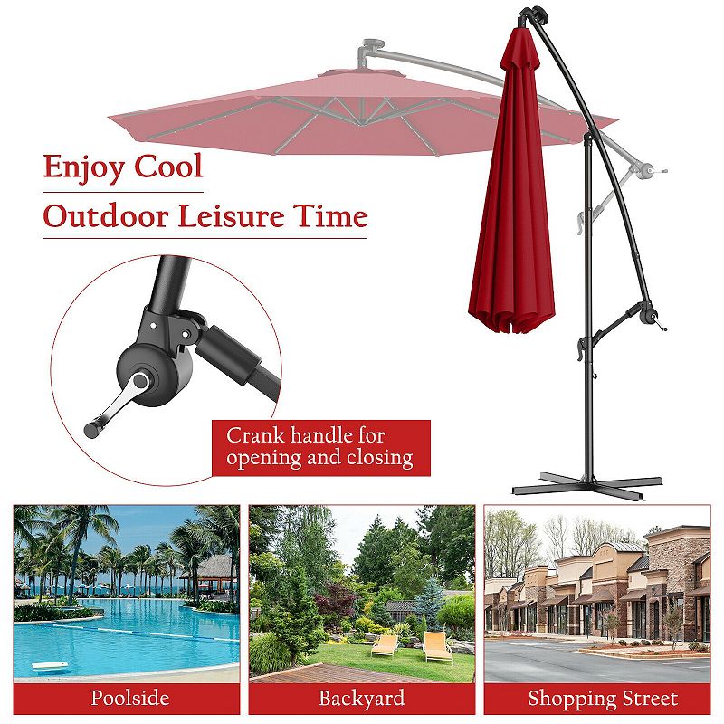 10 Feet Patio Hanging Solar LED Umbrella Sun Shade with Cross Base