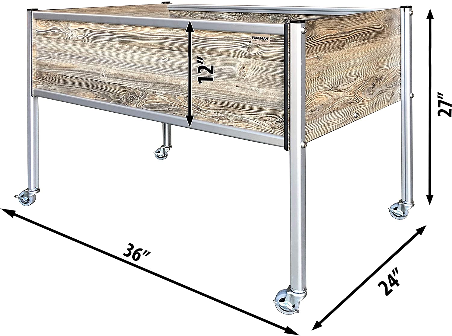 Foreman Raised Garden Bed Planter Box Kit 36" Lx24 Wx27 H Premium HPL Plastic Wood Grain (Amaretto) Anodized Aluminum Legs Outdoor Indoor with Lockable Caster Wheels Made in The USA