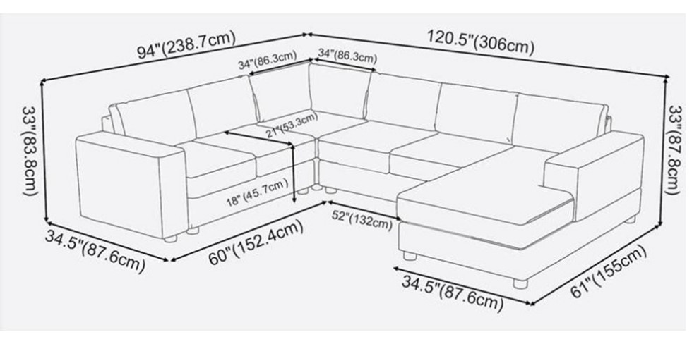 Bowery Hill Contemporary Fabric 6 Seat Reversible Sectional Sofa Chaise in Gray   Transitional   Sectional Sofas   by Homesquare  Houzz