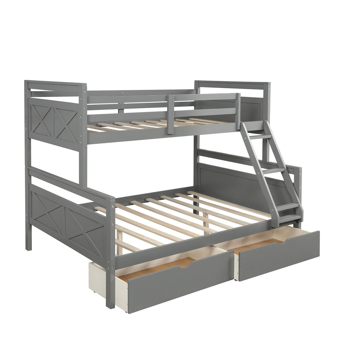 Twin Over Full Bunk Bed with Two Storage Drawers, Pine Wood Bed Frame and Guardrails and Ladder for Kids and Teens Trundle, Grey