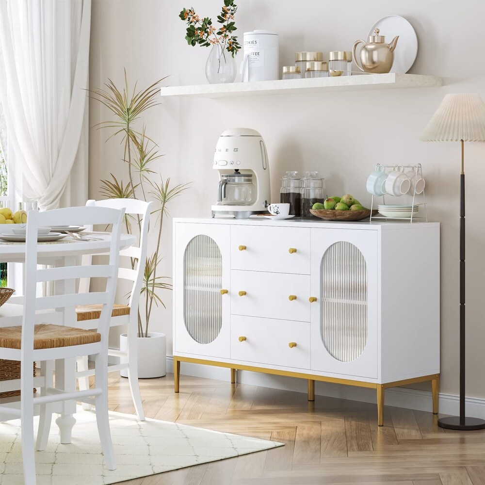 Dresser  Large White Dresser with Fluted Glass Doors and Gold Metal Legs  White Dresser for Bedroom  Modern Dresser Gold Dresser