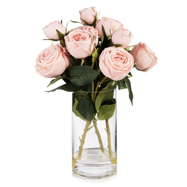 Enova Home Artificial Silk Rose Flowers in Clear Glass Vase with Faux Water for Home Office Wedding Decoration