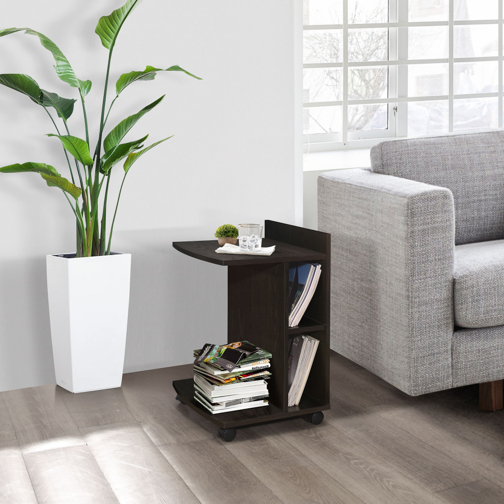 Kelise C Shaped Wheeled Side End Table With Storage Shelves  Chocolate Wood   Transitional   Side Tables And End Tables   by Pilaster Designs  Houzz