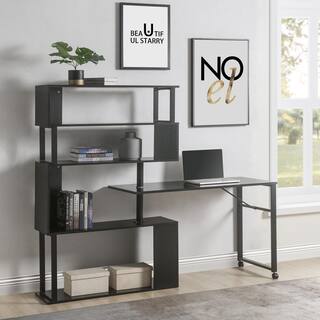 Polibi 47.20 in. Retangular Black Rotatable L-Shaped Corner Home Office Computer Desk with 5-Tier Bookshelf and Casters RS-472RRLCD-BK