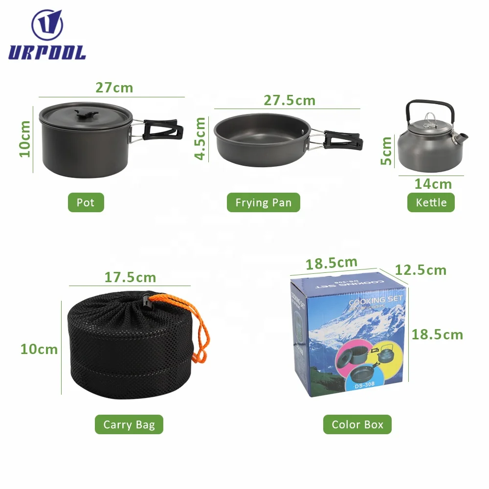 Portable Camping pots Set Lightweight Picnic Cooking Set Include Big Small Pot Frying Pan Bowls Soup Spoon Rice Ladle Loofah