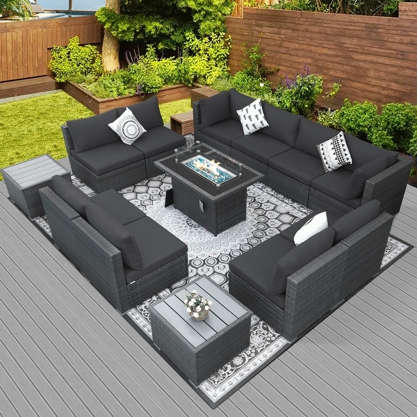 Nicesoul Outdoor Grey Wicker Sectional Furniture Patio Sofa Set with Firepit Table