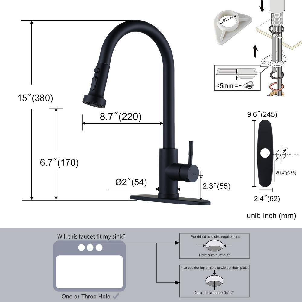 WOWOW Single Handle Deck Mount Gooseneck Pull Down Sprayer Kitchen Faucet Stainless Steel in Matte Black VG2312601B-BHHD