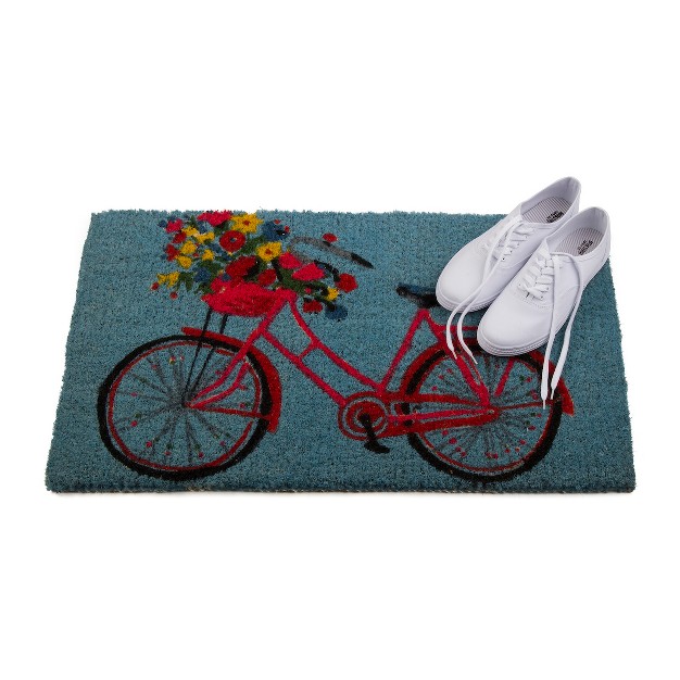 Red Bike With Flower Basket Rectangle Indoor And Outdoor Coir Door Welcome Mat Red Bike On Blue Background