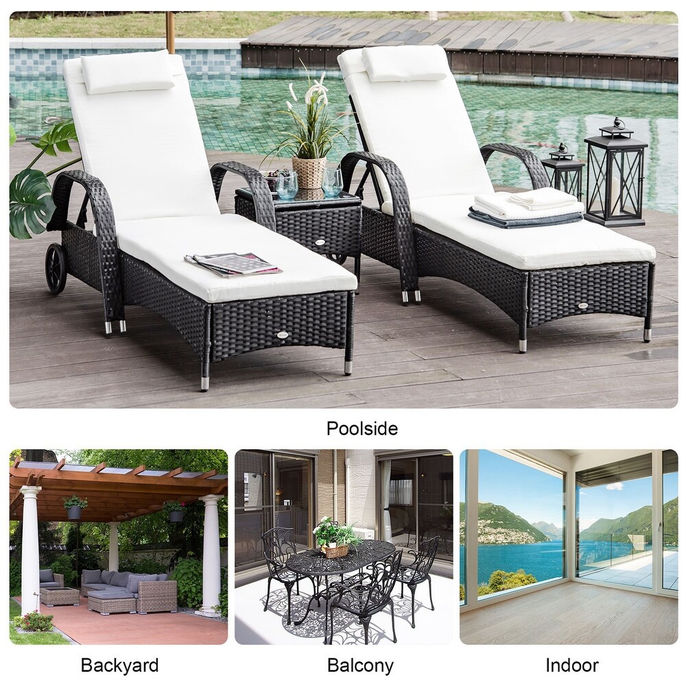 Outsunny 3 Pieces Patio Wicker Chaise Lounge Chair Set  Adjustable Outdoor PE Rattan Cushioned Lounge Set of 2 with Armrests