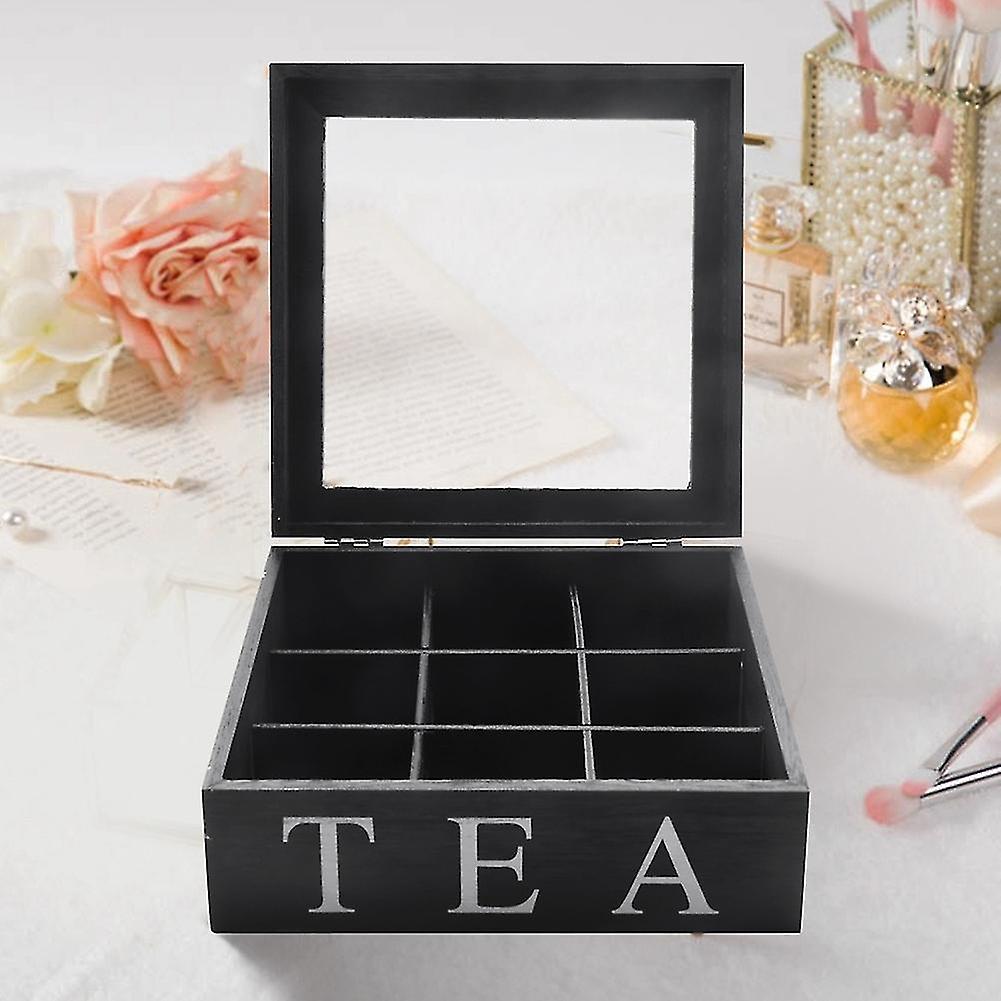 2x Wooden 9 Grids Tea Box Tea Bags Container Storage Box Square Gift Box Case Transparent Top Lid B