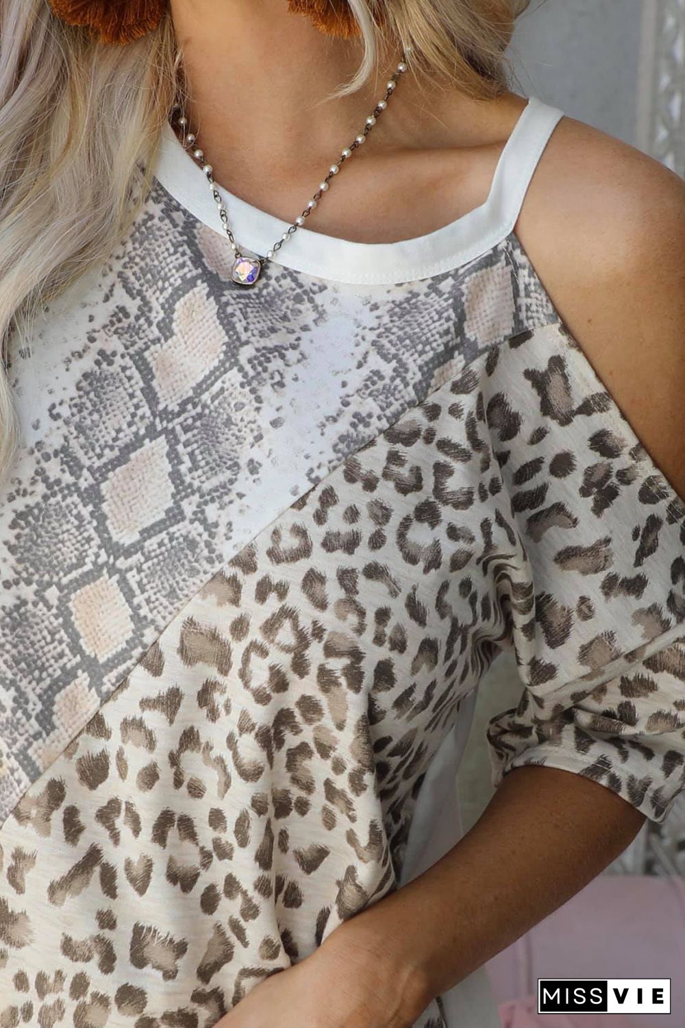 Snakeskin Leopard Color Block Cold Shoulder Short Sleeve T-shirt