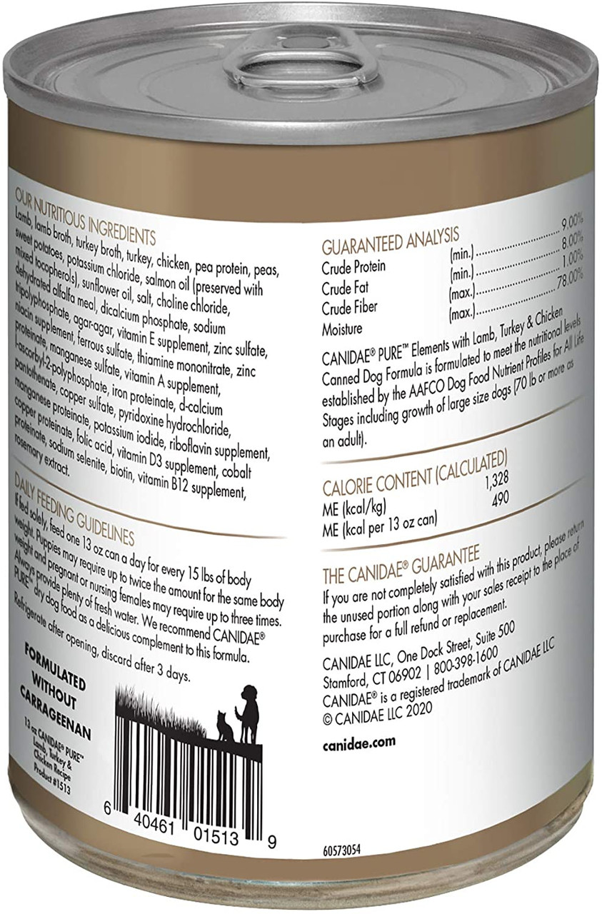 Canidae PURE Grain Free Lamb， Turkey and Chicken Pate Wet Dog Food， 13oz. Can