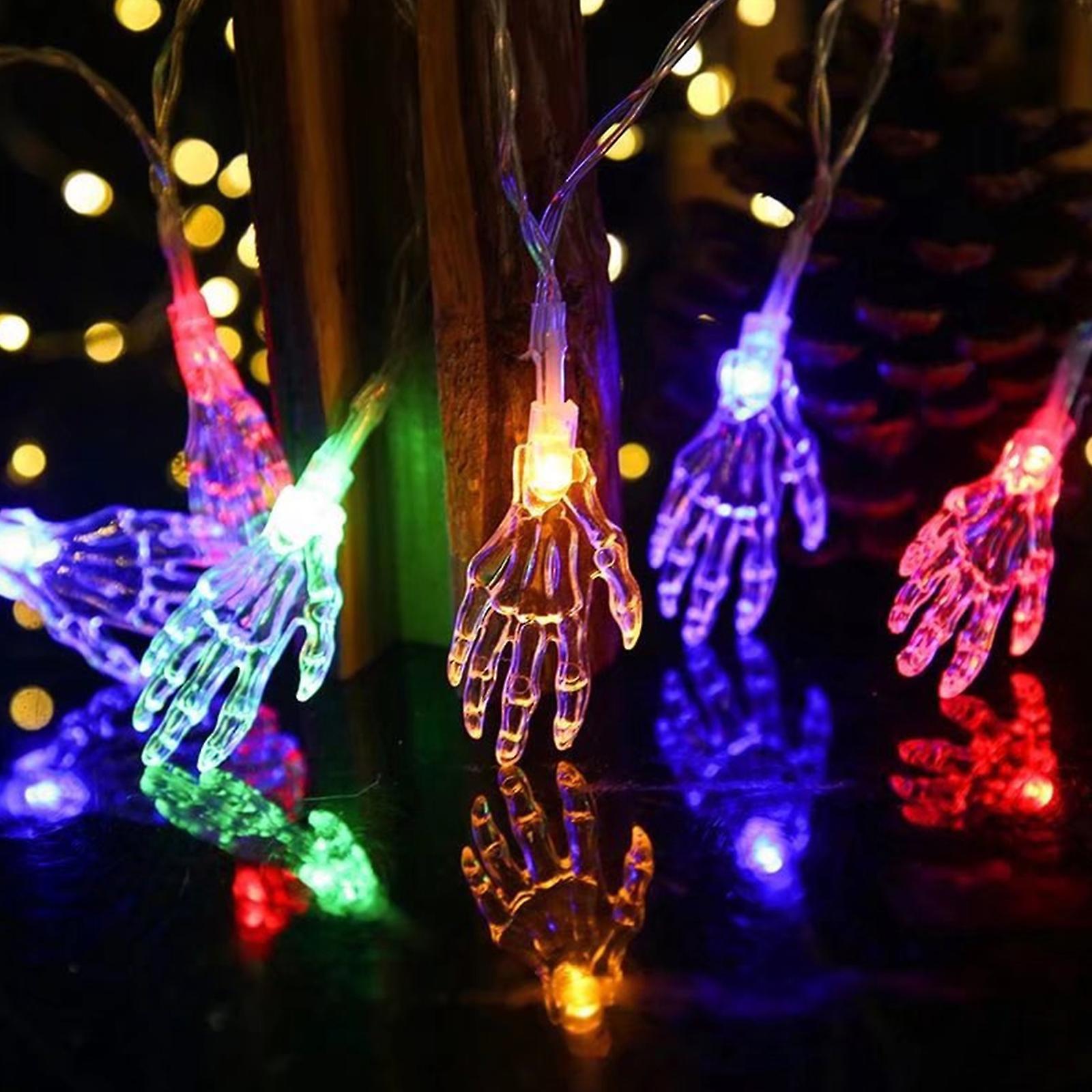 Halloween String Lights 20ft 40leds Transparent Skeleton Hand Shaped Decorative Hanging Lights Waterproof Colorful Light Battery Operated Spooky Light