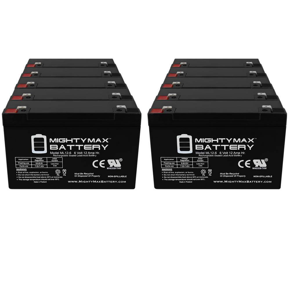 MIGHTY MAX BATTERY 6V 12AH F2 SLA Battery For Emergency Lighting Fire Alarm - 10 Pack MAX3498044