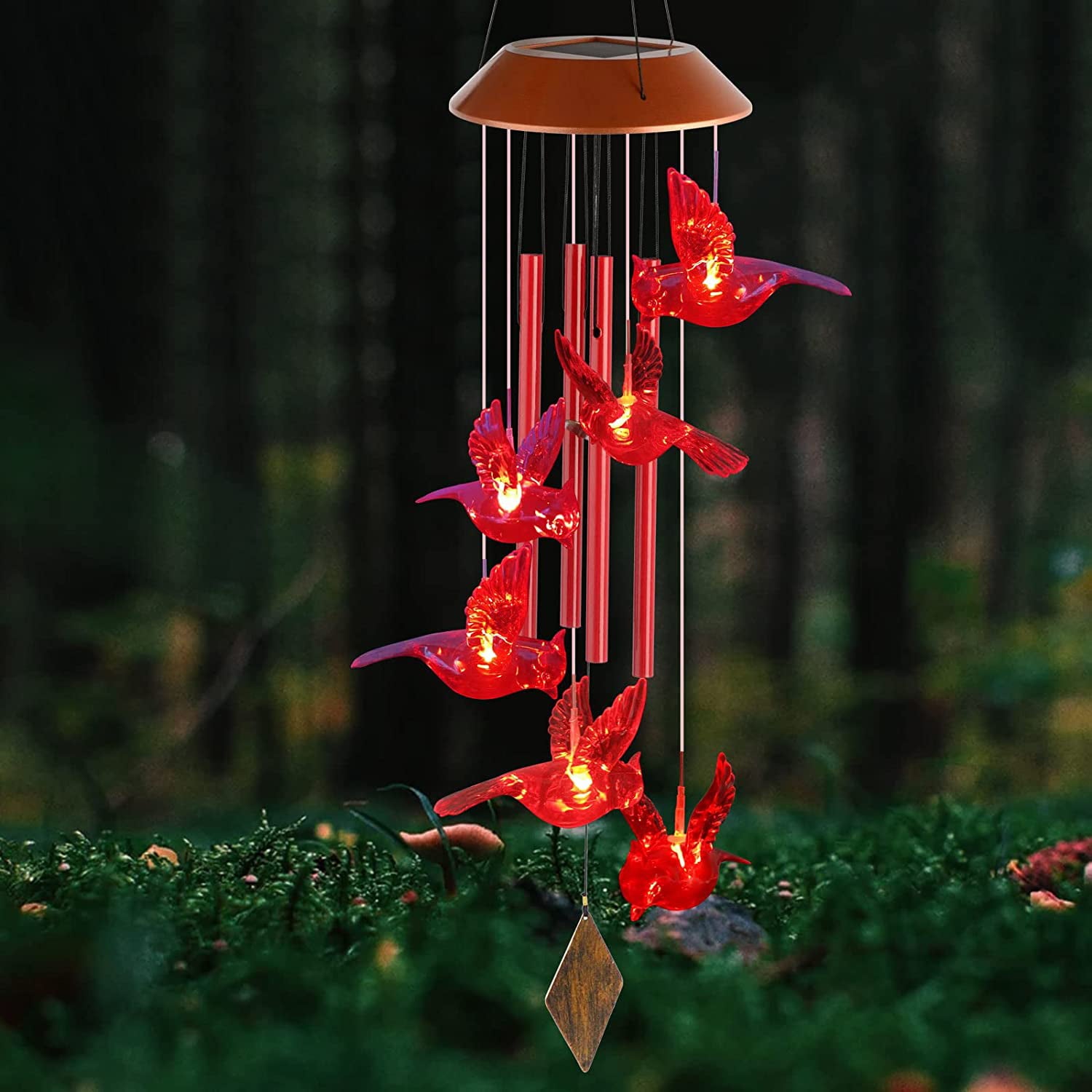 Kyoryuger Solar Cardinal hanging Wind Chimes， Solar Powered Cardinal LED Light，for Outdoor Indoor decor(Red Cardinal）