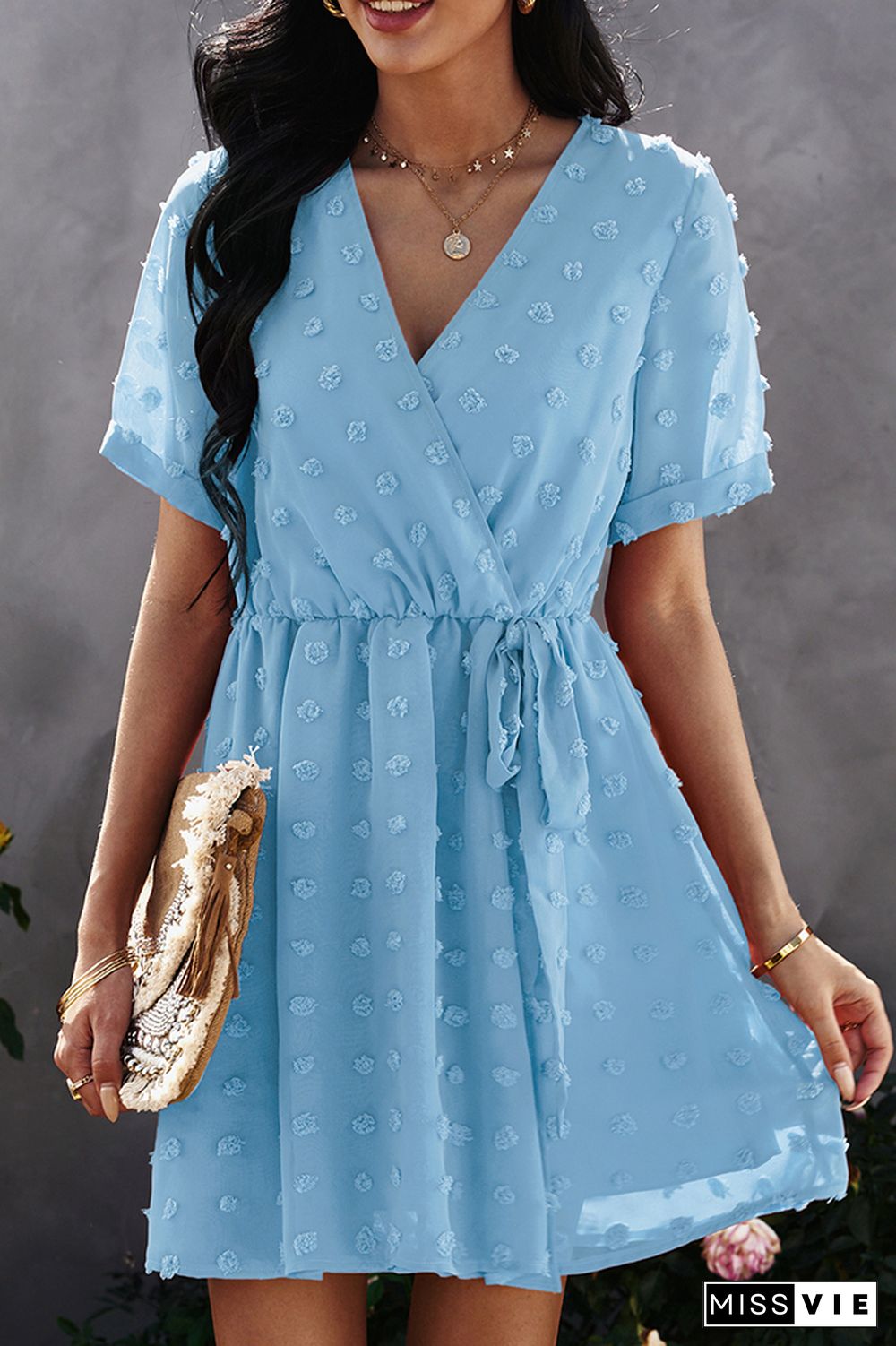 Solid V Neck Short Sleeve Dress Wholesale