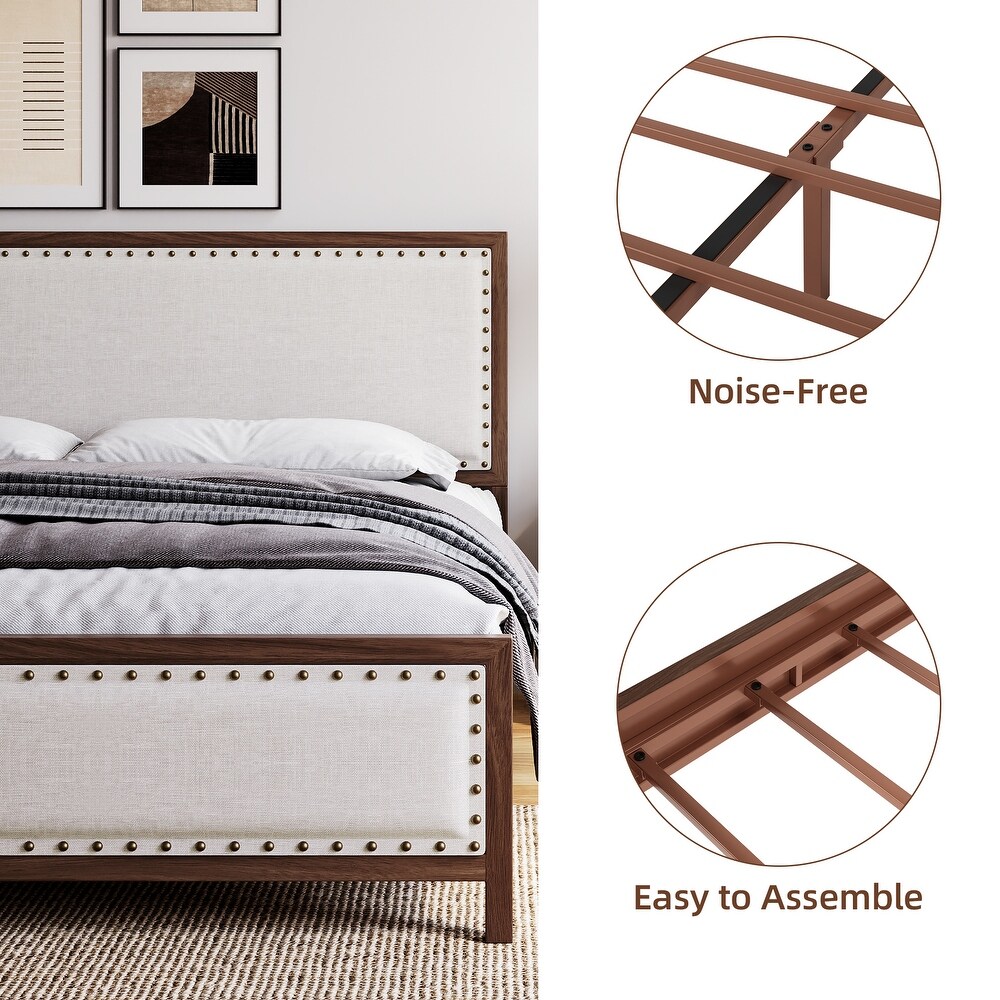 Upholstered Platform Bed with Linen Headboard and Footboard