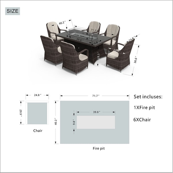 7Pc Outdoor Wicker Rectangular Gas Fire Pit Table Set with 6 Armchairs (Including Rain Cover)