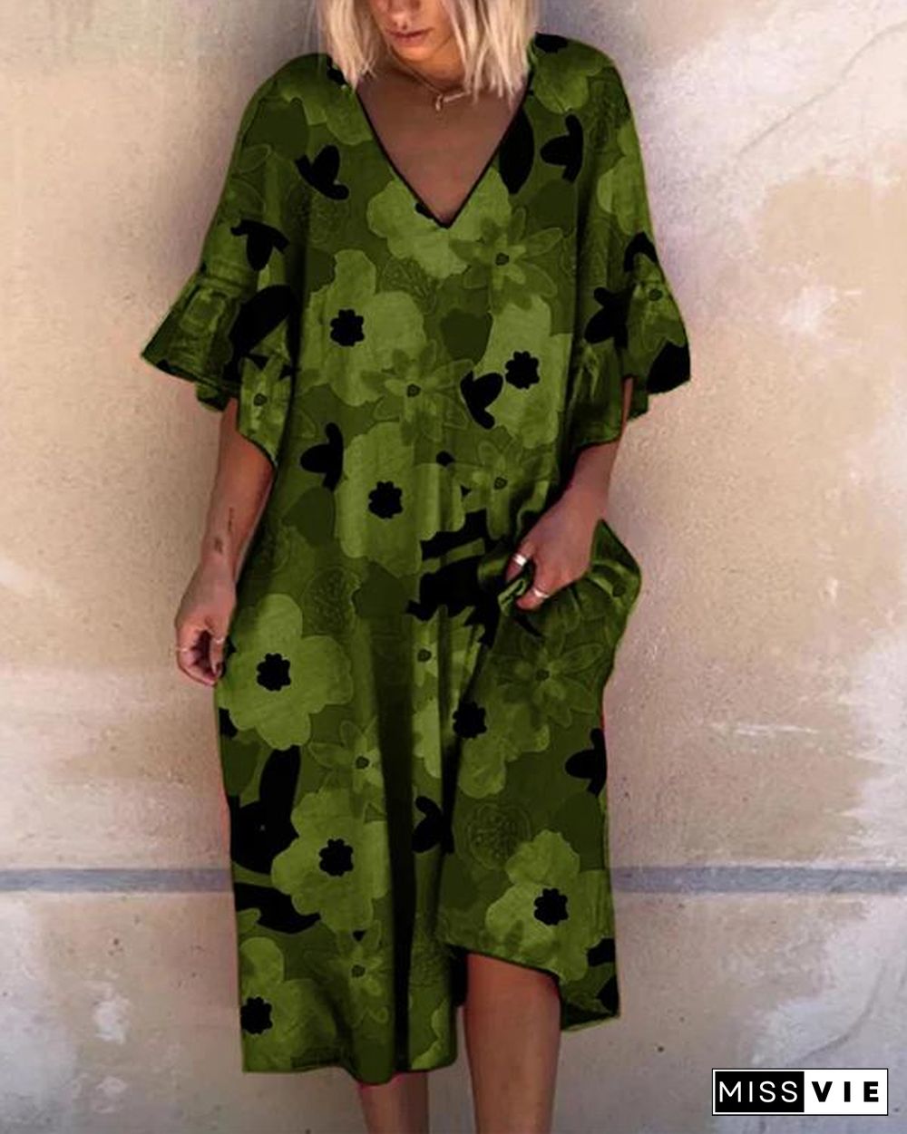 Printed Leaf Sleeve Casual Midi Dress