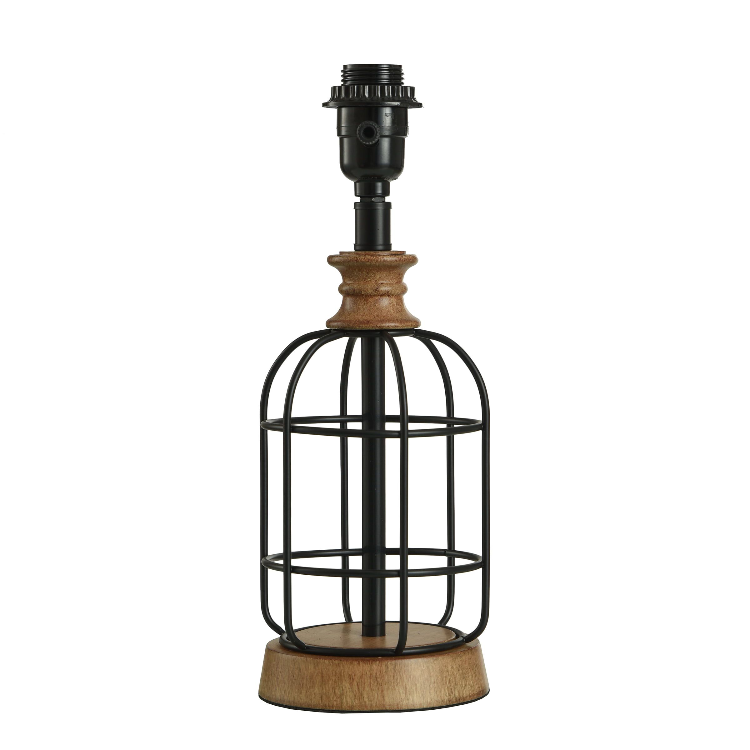 Mainstays Black Metal Cage Table Lamp with Wood Accents and Drum Shade， bulb included， 17