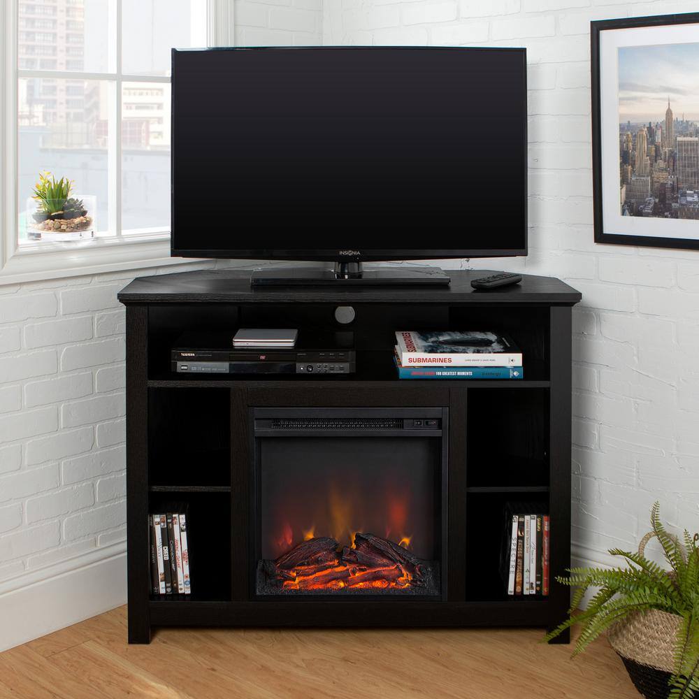 Walker Edison Furniture Company Highboy 44 in. Black MDF Corner TV Stand 48 in. with Electric Fireplace HD44FPHBCBL