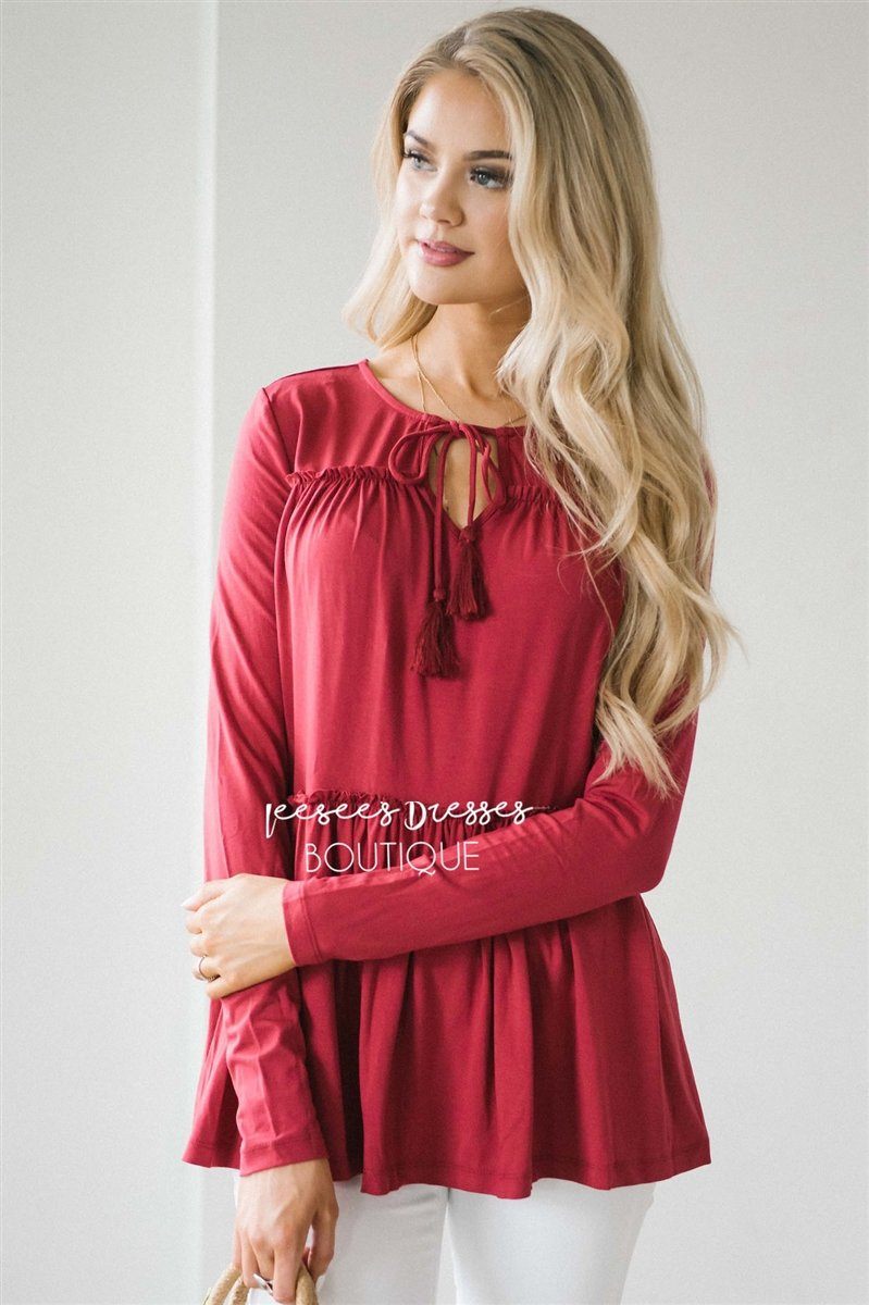 Ruffle Tiered Neck Tie Long Sleeve Top